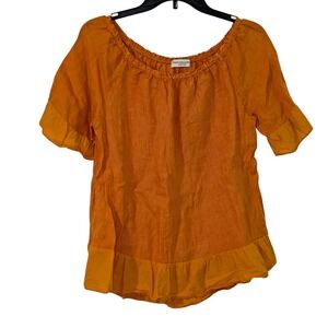 TERZO MILLENNIO Orange Rust Linen Off Shoulder Ruffle Top Made in Italy